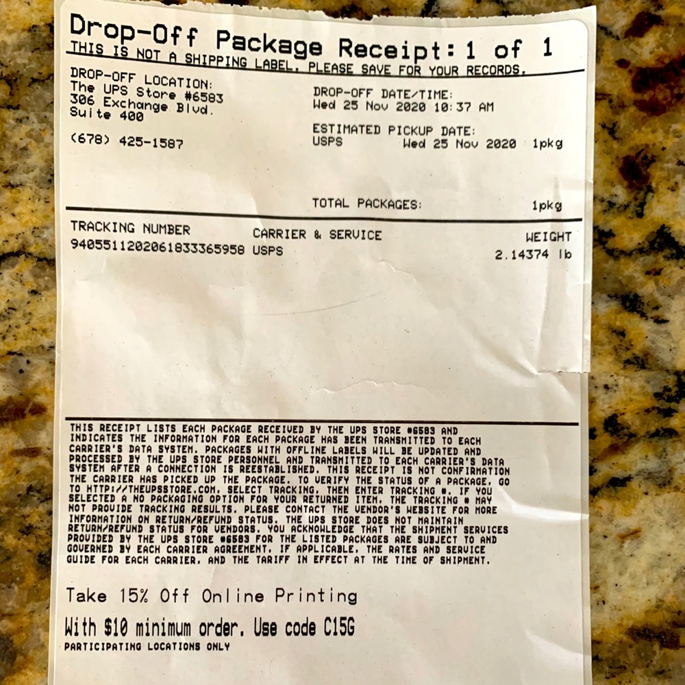 Shipping receipt November 23rd in the morning